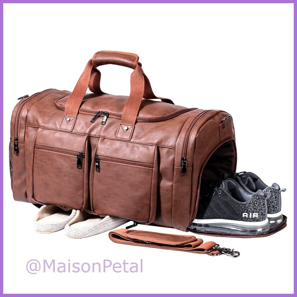 Faux Leather Travel Duffel Bag with Shoe Pouch, Waterproof Weekender